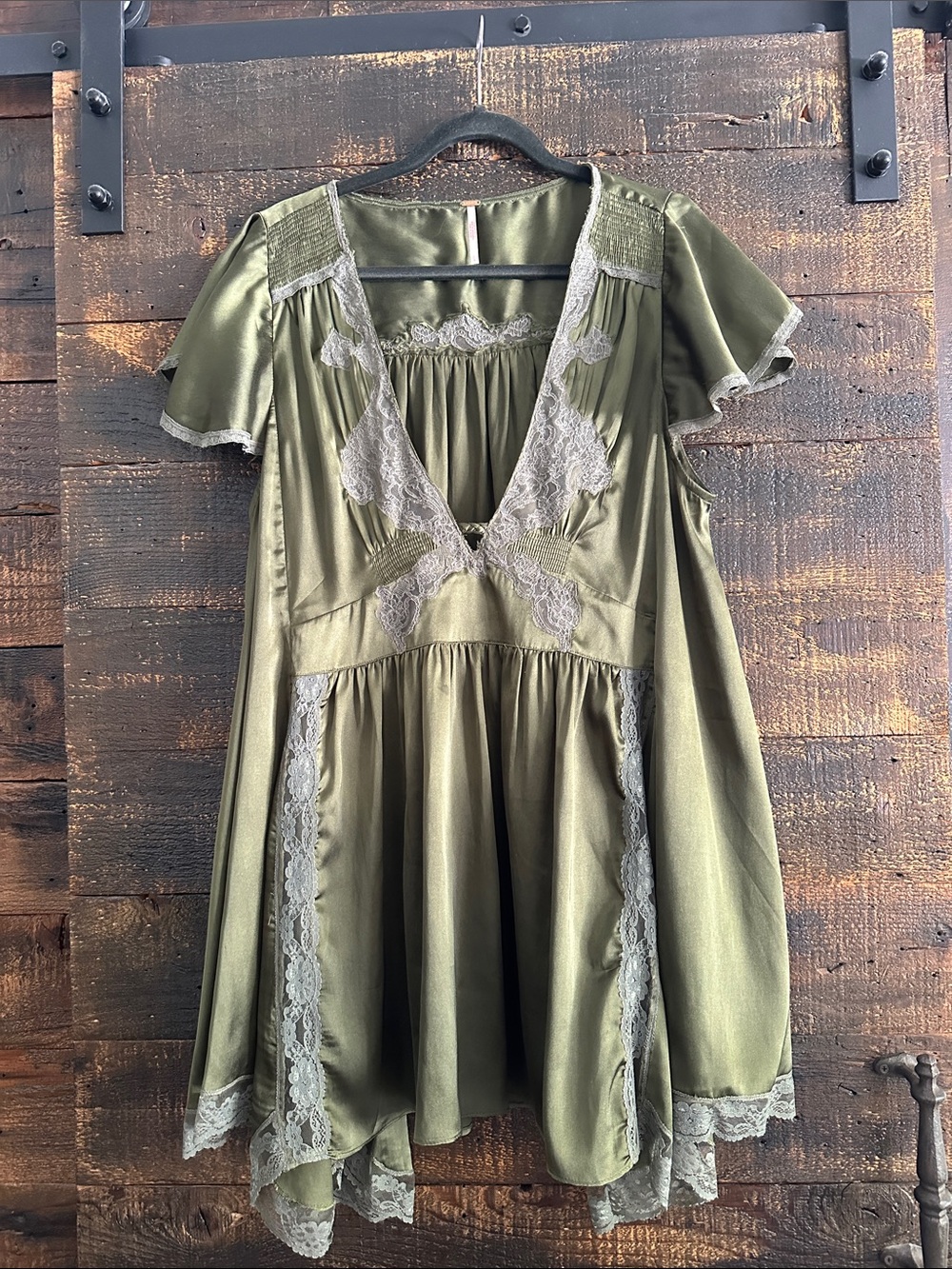 Free People Olive Green Satin Lace Trim Chemise - Picture 1 of 3